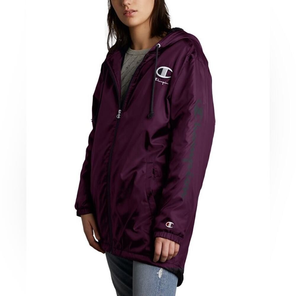Champion Sherpa Lined Stadium Jacket Hooded Colorblock Purple and Black Small
